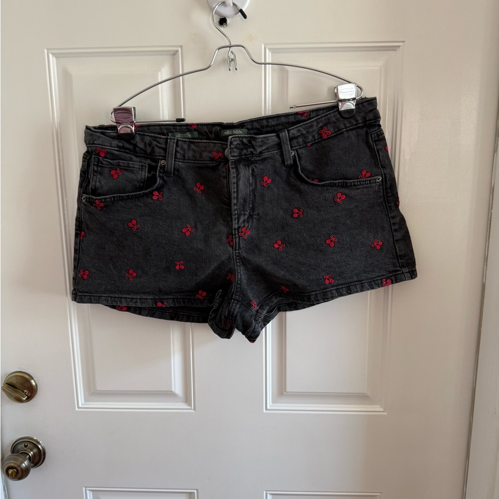 wild fable Black Denim Shorts with Red Cherry Embroidery